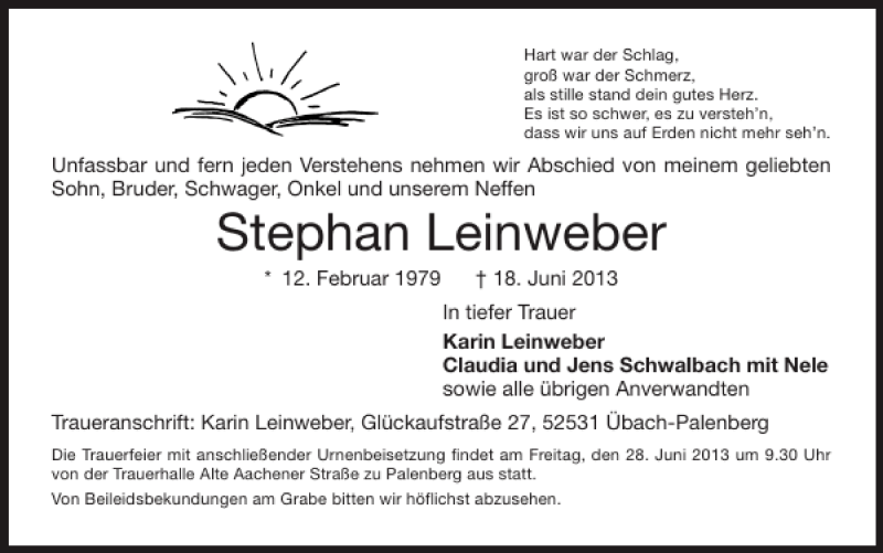  Traueranzeige für Stephan Leinweber vom 23.06.2013 aus Super Sonntag / Super Mittwoch