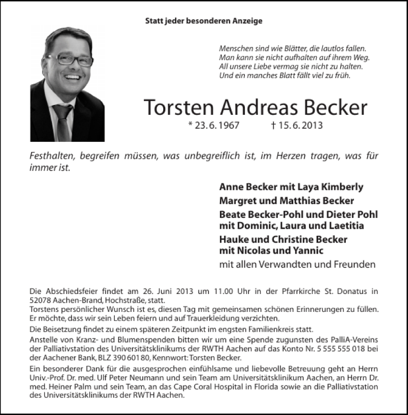  Traueranzeige für Torsten Andreas Becker vom 22.06.2013 aus Aachener Zeitung / Aachener Nachrichten