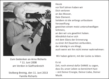 Traueranzeige von an Arno Richarts Verdon SüdfrankreichStolberg-Breinig Richarts  von Aachener Zeitung / Aachener Nachrichten
