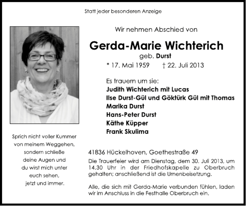  Traueranzeige für Gerda-Marie Wichterich vom 28.07.2013 aus Super Sonntag / Super Mittwoch