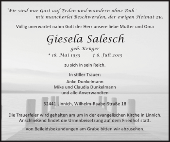 Traueranzeige von Giesela Salesch von Super Sonntag / Super Mittwoch