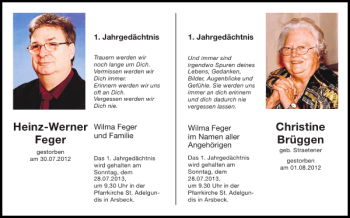 Traueranzeige von Heinz-Werner Feger Christine Brüggen von Super Sonntag / Super Mittwoch