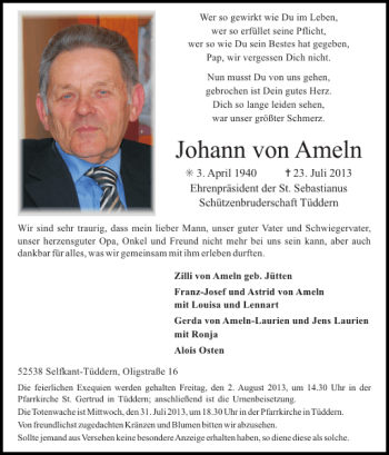 Traueranzeige von Johann von Ameln von Super Sonntag / Super Mittwoch