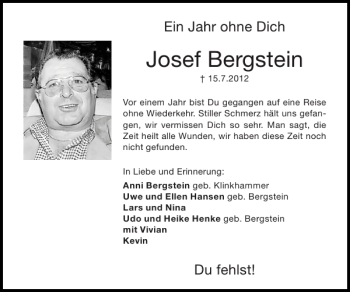 Traueranzeige von Josef Bergstein von Super Sonntag / Super Mittwoch