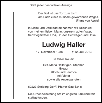 Traueranzeige von Ludwig Haller von Super Sonntag / Super Mittwoch