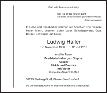 Traueranzeige von Ludwig Haller von Aachener Zeitung / Aachener Nachrichten