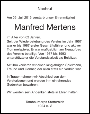 Traueranzeige von Manfred Mertens von Super Sonntag / Super Mittwoch