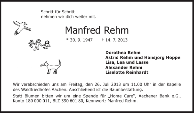  Traueranzeige für Manfred Rehm vom 20.07.2013 aus Aachener Zeitung / Aachener Nachrichten