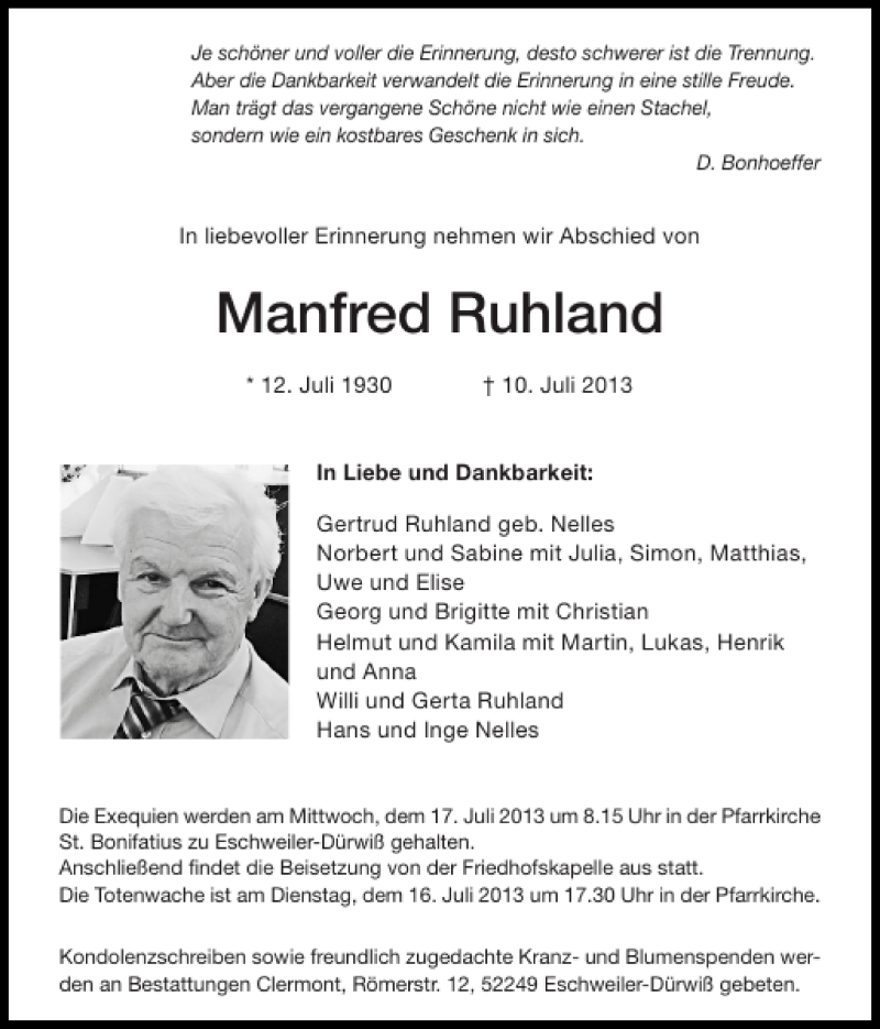  Traueranzeige für Manfred Ruhland vom 14.07.2013 aus Super Sonntag / Super Mittwoch