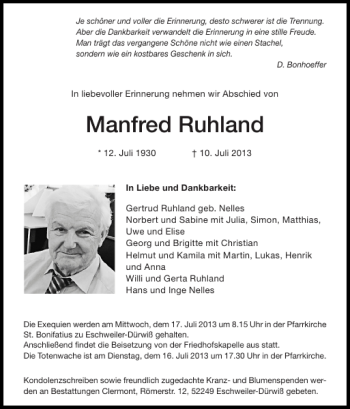 Traueranzeige von Manfred Ruhland von Super Sonntag / Super Mittwoch