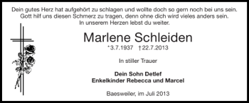 Traueranzeige von Marlene Schleiden von Super Sonntag / Super Mittwoch