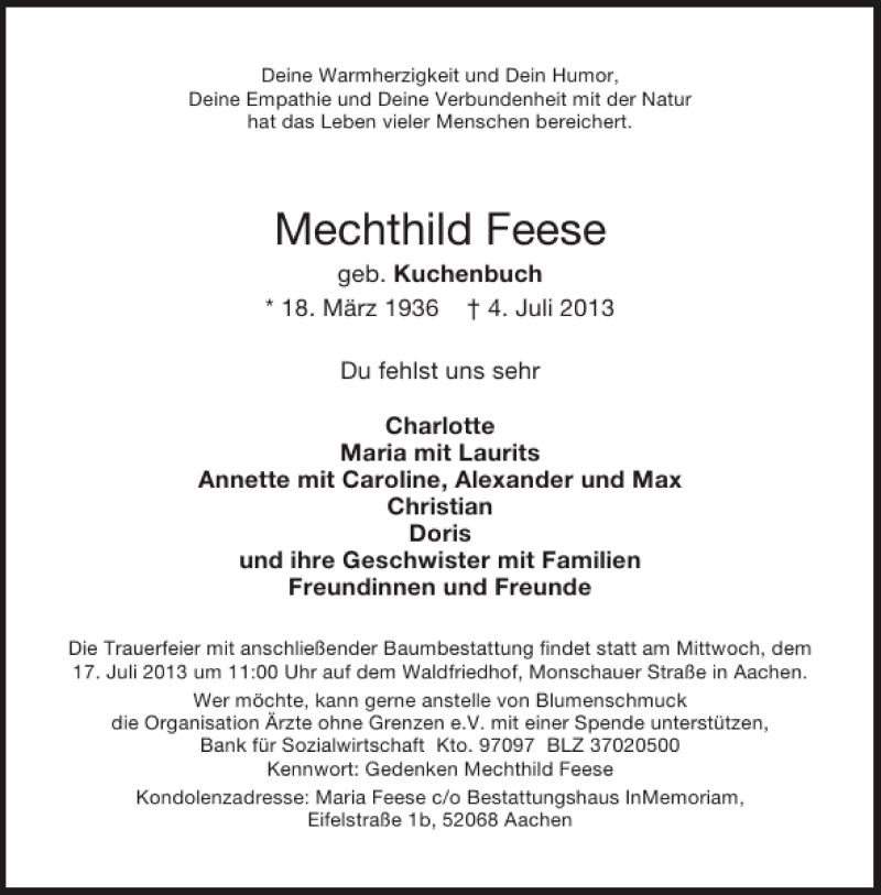  Traueranzeige für Mechthild Feese vom 13.07.2013 aus Aachener Zeitung / Aachener Nachrichten