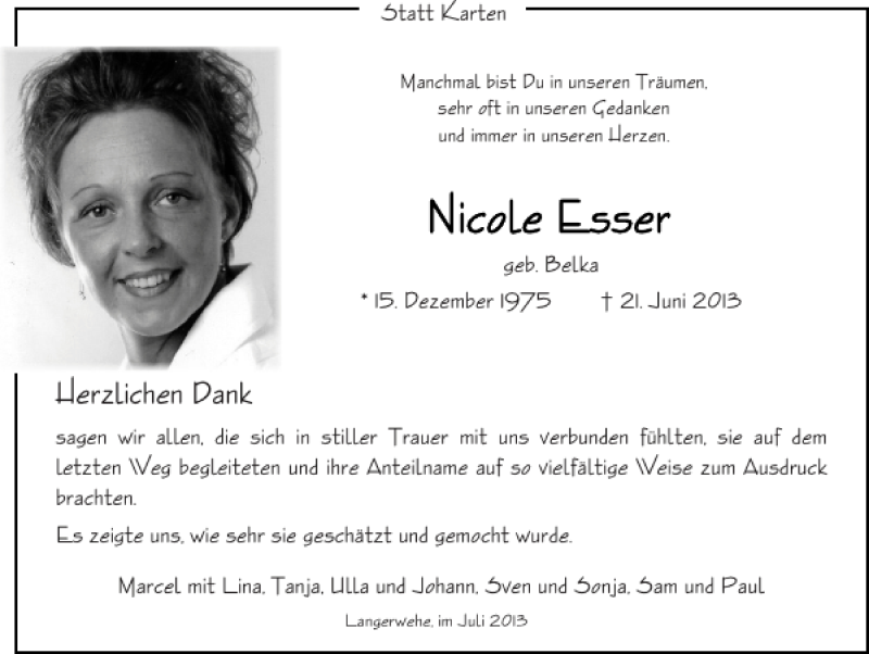  Traueranzeige für Nicole Esser vom 28.07.2013 aus Super Sonntag / Super Mittwoch