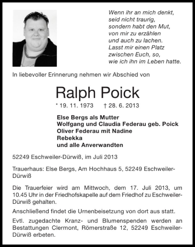  Traueranzeige für Ralph Poick vom 14.07.2013 aus Super Sonntag / Super Mittwoch