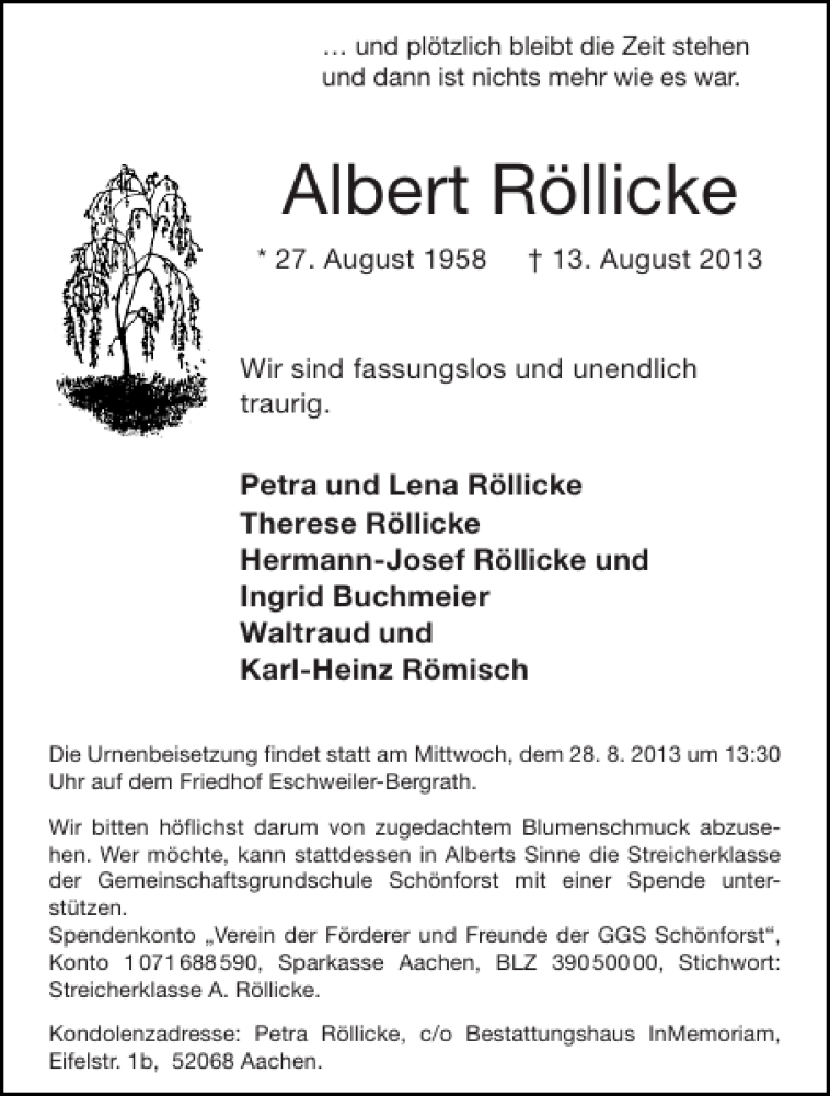  Traueranzeige für Albert Röllicke vom 24.08.2013 aus Aachener Zeitung / Aachener Nachrichten