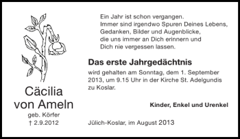 Traueranzeige von Cäcilia von Ameln von Super Sonntag / Super Mittwoch
