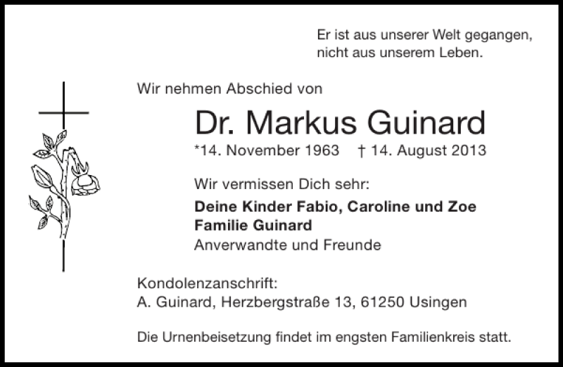  Traueranzeige für Dr. Markus Guinard vom 24.08.2013 aus Aachener Zeitung / Aachener Nachrichten