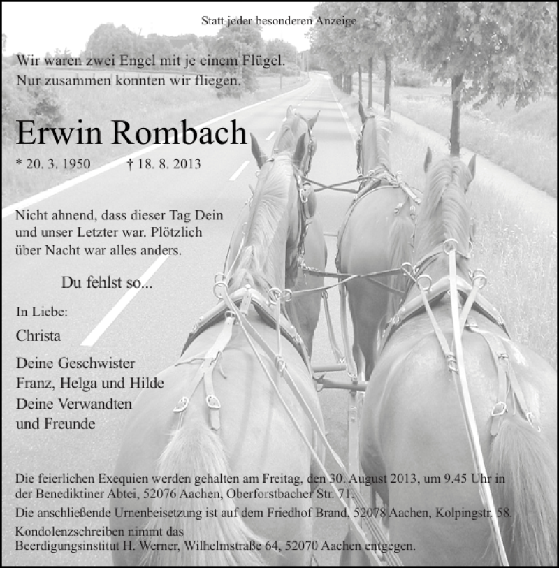  Traueranzeige für Erwin Rombach vom 24.08.2013 aus Aachener Zeitung / Aachener Nachrichten