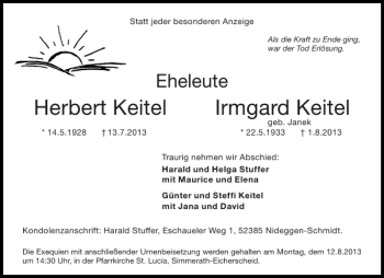 Traueranzeige von Herbert Keitel Irmgard Keitel von Aachener Zeitung / Aachener Nachrichten