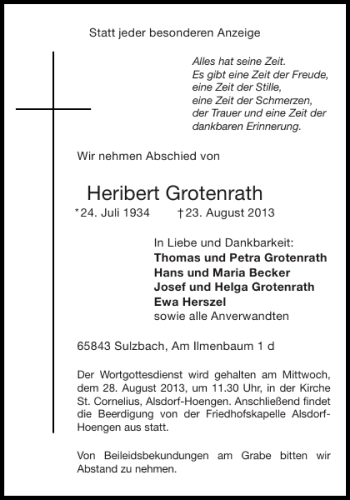 Traueranzeige von Heribert Grotenrath von Aachener Zeitung / Aachener Nachrichten