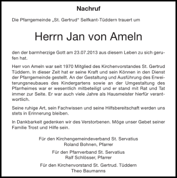 Traueranzeige von Jan von Ameln von Super Sonntag / Super Mittwoch