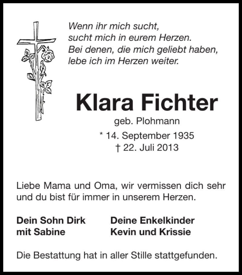  Traueranzeige für Klara Fichter vom 04.08.2013 aus Super Sonntag / Super Mittwoch