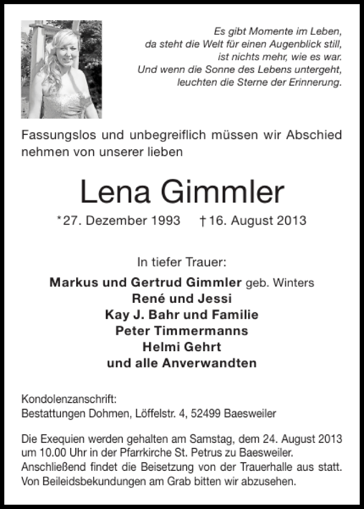  Traueranzeige für Lena Gimmler vom 21.08.2013 aus Super Sonntag / Super Mittwoch