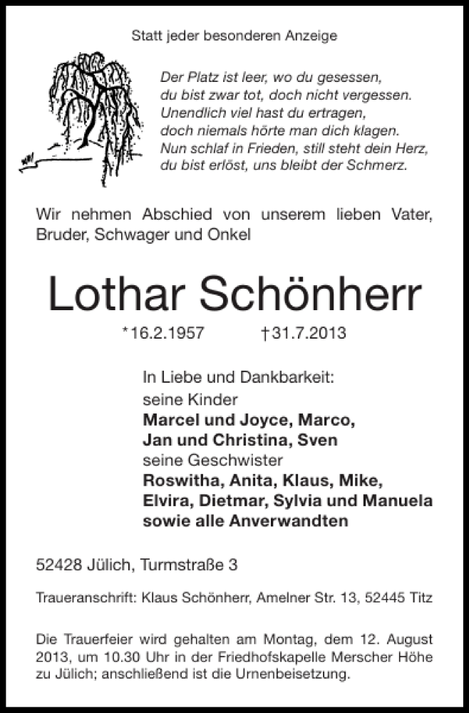  Traueranzeige für Lothar Schönherr vom 11.08.2013 aus Super Sonntag / Super Mittwoch