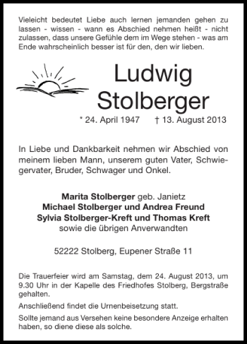 Traueranzeige von Ludwig Stolberger von Super Sonntag / Super Mittwoch