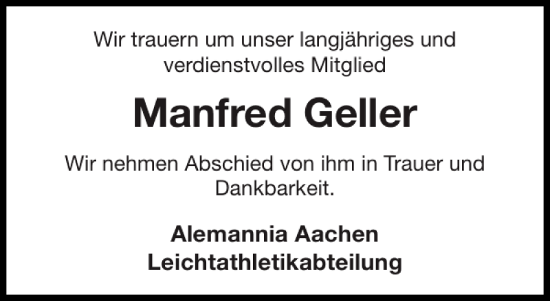  Traueranzeige für Manfred Geller vom 12.08.2013 aus Aachener Zeitung / Aachener Nachrichten