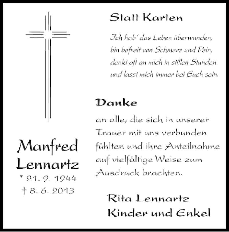  Traueranzeige für Manfred Lennartz vom 18.08.2013 aus Super Sonntag / Super Mittwoch