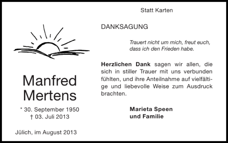  Traueranzeige für Manfred Mertens vom 11.08.2013 aus Super Sonntag / Super Mittwoch