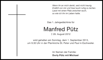 Traueranzeige von Manfred Pütz von Aachener Zeitung / Aachener Nachrichten