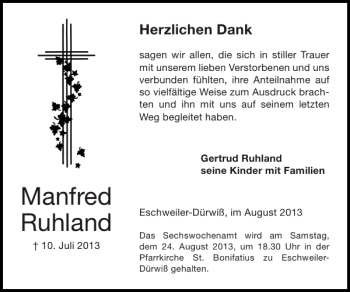 Traueranzeige von Manfred Ruhland von Super Sonntag / Super Mittwoch