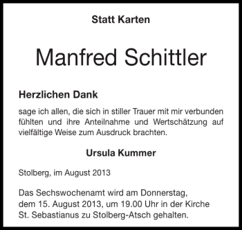 Traueranzeige von Manfred Schittler von Super Sonntag / Super Mittwoch