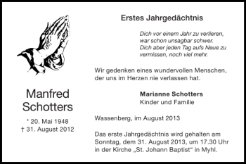 Traueranzeige von Manfred Schotters von Super Sonntag / Super Mittwoch