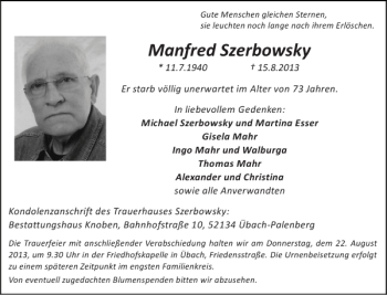 Traueranzeige von Manfred Szerbowsky von Super Sonntag / Super Mittwoch