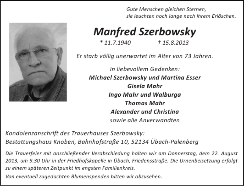  Traueranzeige für Manfred Szerbowsky vom 21.08.2013 aus Super Sonntag / Super Mittwoch