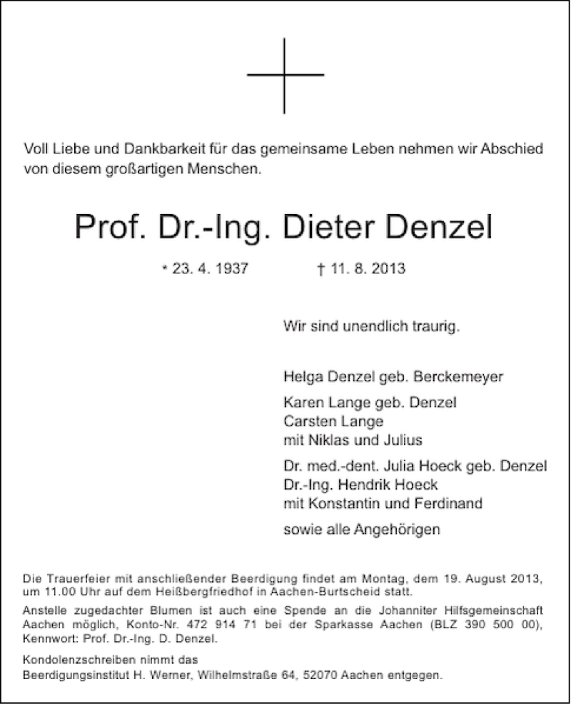  Traueranzeige für Prof. Dr.-Ing. Dieter Denzel vom 15.08.2013 aus Aachener Zeitung / Aachener Nachrichten