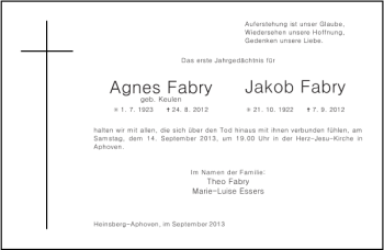 Traueranzeige von Agnes Fabry Jakob Fabry von Aachener Zeitung / Aachener Nachrichten