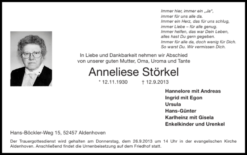  Traueranzeige für Anneliese Störkel vom 22.09.2013 aus Super Sonntag / Super Mittwoch