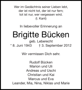Traueranzeige von Brigitte Bücken von Aachener Zeitung / Aachener Nachrichten