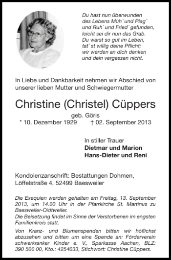 Traueranzeige von Christine Christel Cüppers von Super Sonntag / Super Mittwoch