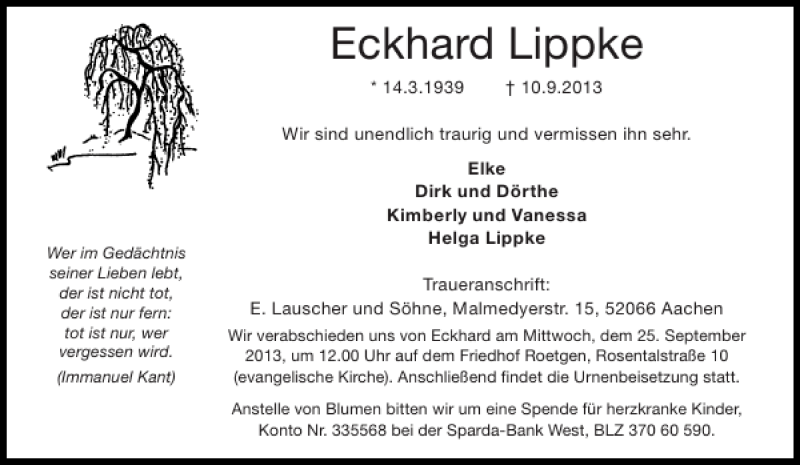  Traueranzeige für Eckhard Lippke vom 21.09.2013 aus Aachener Zeitung / Aachener Nachrichten