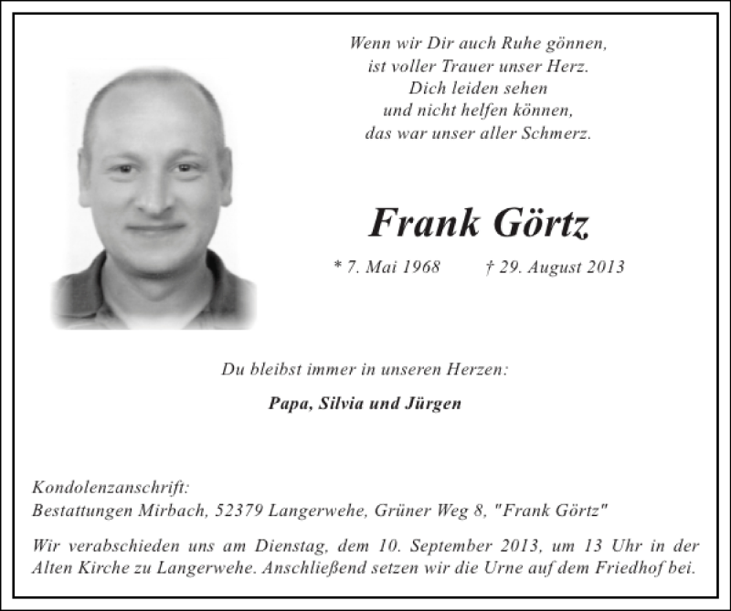  Traueranzeige für Frank Görtz vom 08.09.2013 aus Super Sonntag / Super Mittwoch