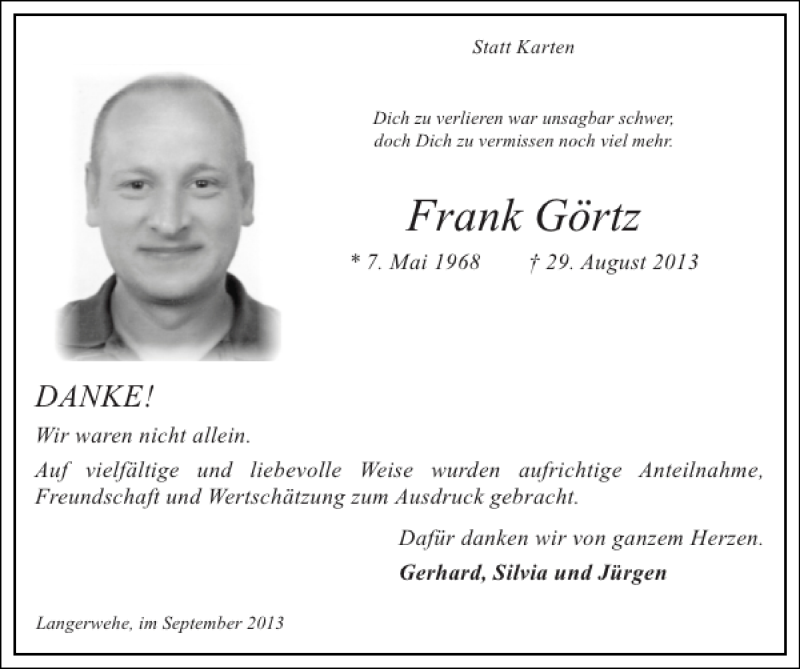  Traueranzeige für Frank Görtz vom 29.09.2013 aus Super Sonntag / Super Mittwoch