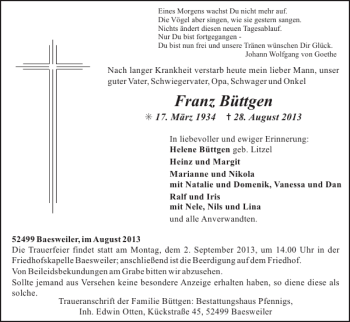 Traueranzeige von Franz Büttgen von Super Sonntag / Super Mittwoch