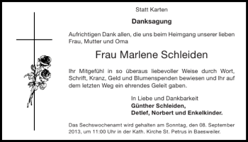 Traueranzeige von Frau Marlene Schleiden von Super Sonntag / Super Mittwoch