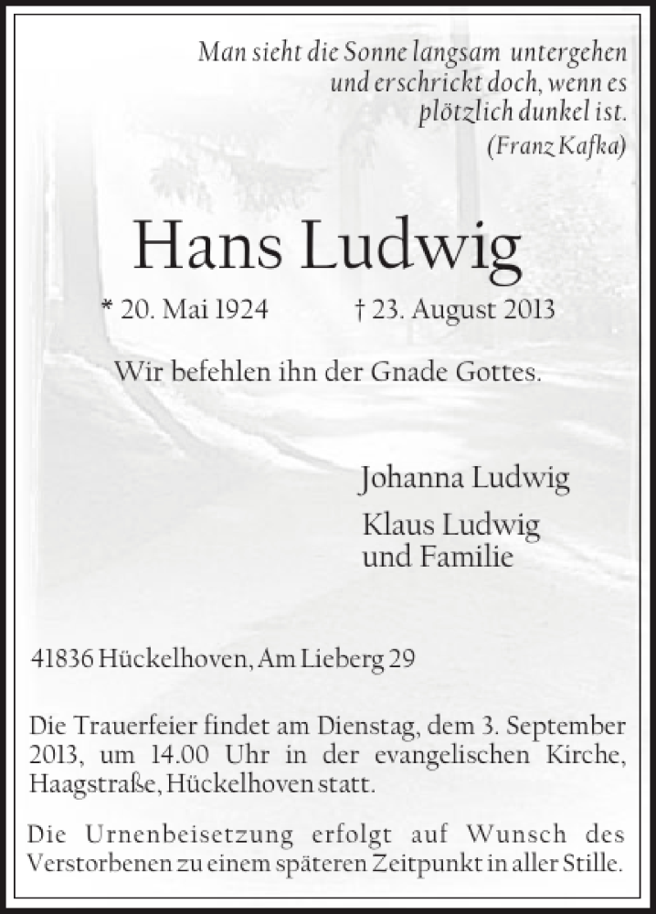 Traueranzeigen von Hans Ludwig Aachen gedenkt