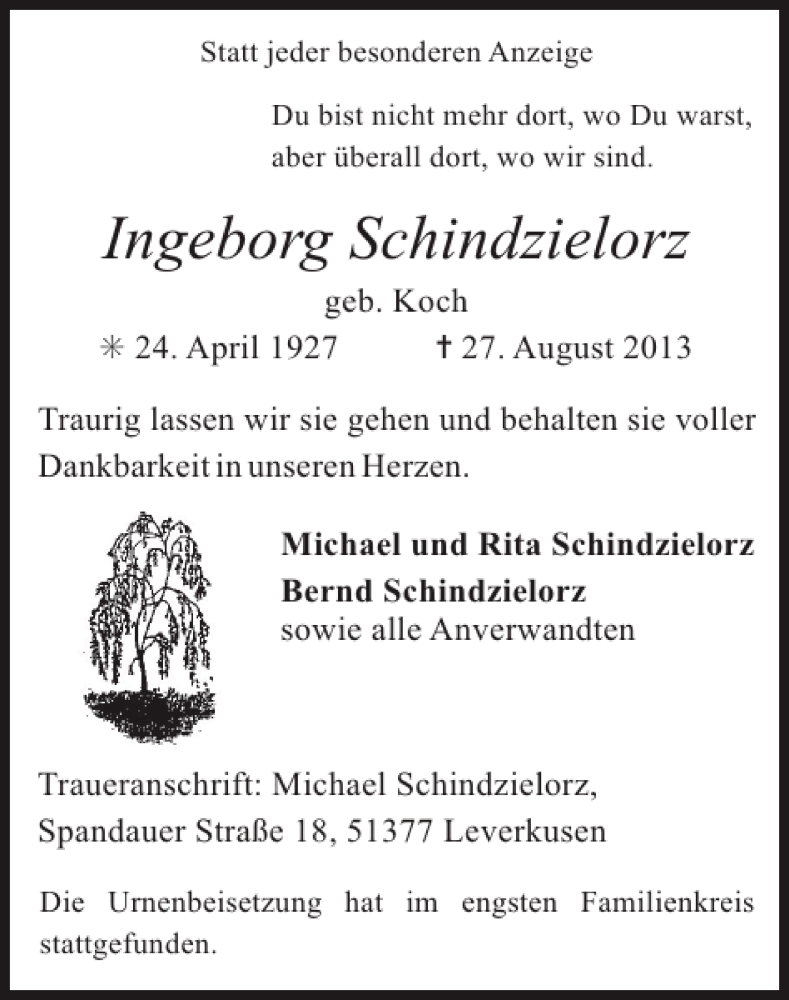 Traueranzeigen von Ingeborg Schindzielorz | Aachen gedenkt